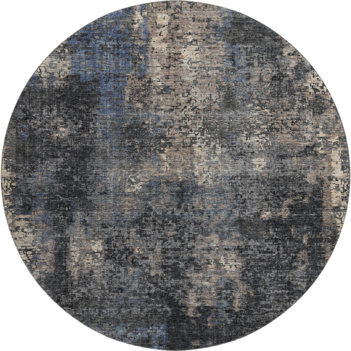 8' Abstract Washable Round Rug With UV Protection - Charcoal And Beige