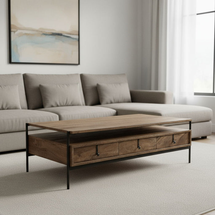 Rectangular Solid Wood Metal Coffee Table W 3 Drawers - Brown And Black