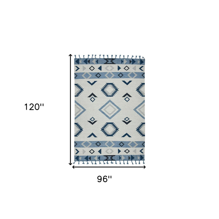 8' X 10' Wool Tribal Flatweave Handmade Area Rug With Fringe - Sky Blue