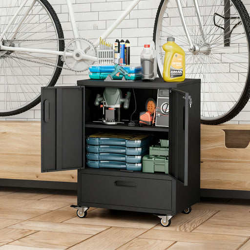 Black Giga mobile tool cart with lockable casters, heavy-duty storage organizer, featuring multiple drawers and a sturdy metal frame.
