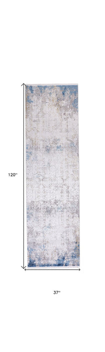 10' Industrial Abstract Power Loom Runner Rug With Fringe - Ivory