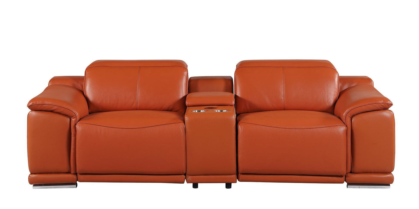 Italian Leather Power Reclining Loveseat With Storage - Orange / Silver