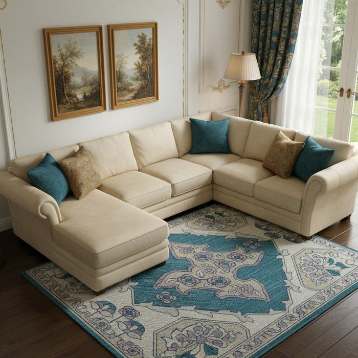10' X 14' Floral Medallion Washable Area Rug With UV Protection (705875) - Teal / Ivory