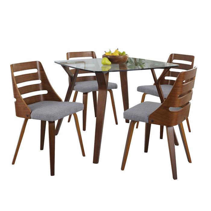 Folia - Trevi 5 Piece Square Dining Set - Walnut Wood, Clear Glass, Gray Fabric