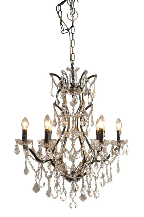 HomeRoots black metal chandelier with six candle-style lights and crystal glass accents, modern and elegant ceiling lighting fixture.