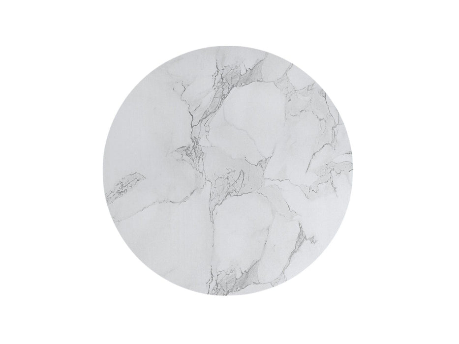 White marble and wood round pedestal coffee table by HomeRoots, 35-inch diameter, elegant and modern living room centerpiece.