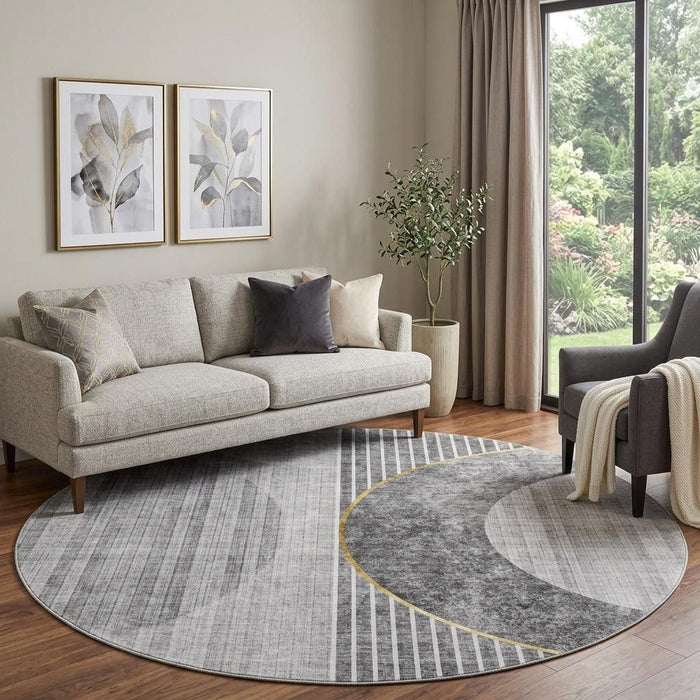 8' Geometric Washable Round Rug With UV Protection (655737) - Charcoal / Gold / Silver