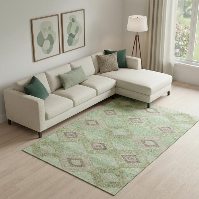 10' X 14' Geometric Washable Area Rug With UV Protection (706007) - Green / Beige
