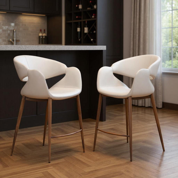 Wood And Fabric Low Back Bar Chairs (Set of 2) - Beige