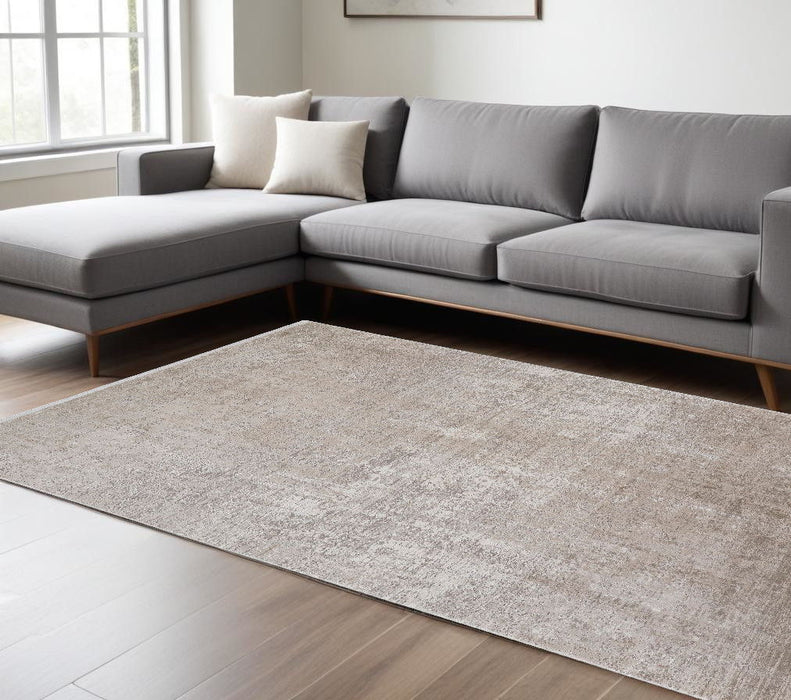 12' x 15' Abstract Power Loom Distressed Area Rug With Fringe - Tan Ivory And Gray