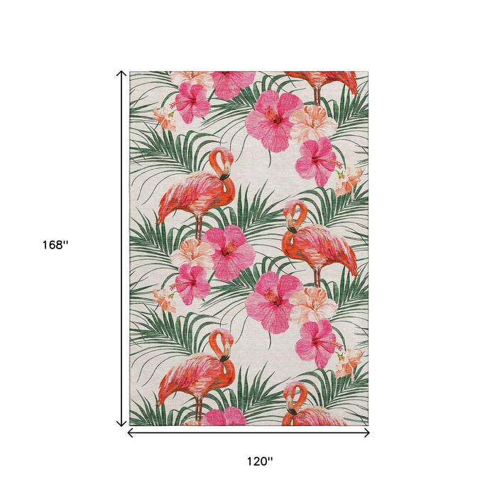 10' X 14' Geometric Washable Area Rug With UV Protection (646379) - Pink / Ivory / Green
