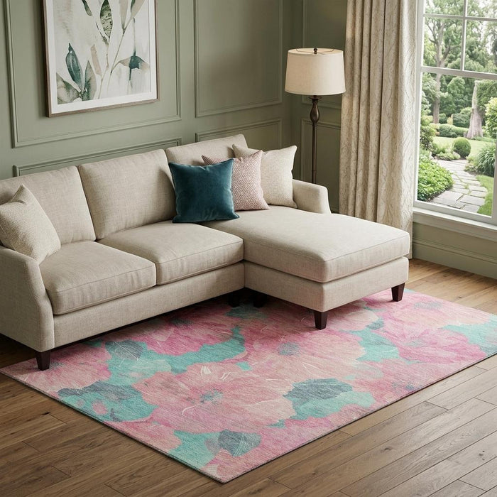 10' X 14' Floral Washable Area Rug With UV Protection (694334) - Pink / Teal