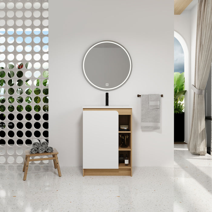 Giga freestanding bathroom vanity with thin rim sink, single door, four open shelves, in light oak and white finish.