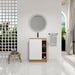 Giga freestanding bathroom vanity with thin rim sink, single door, four open shelves, in light oak and white finish.