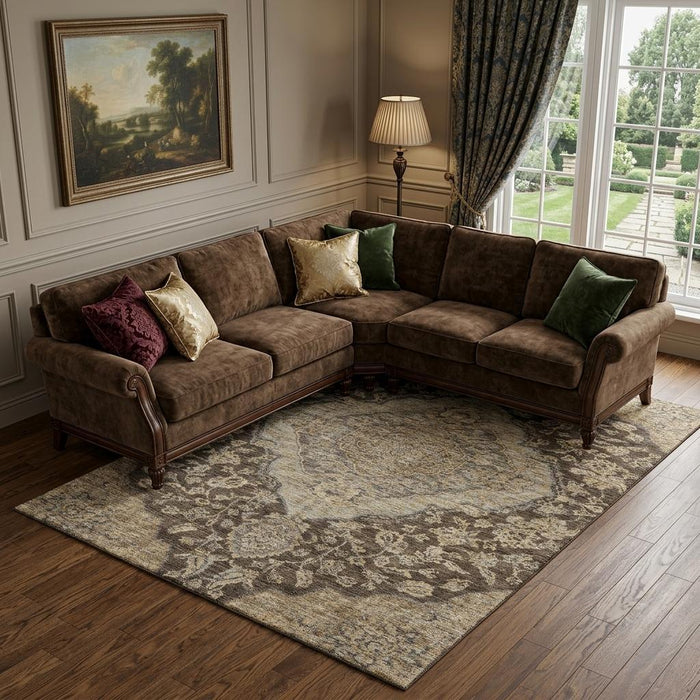 10' X 14' Floral Medallion Washable Area Rug With UV Protection (686891) - Chocolate / Beige / Gray