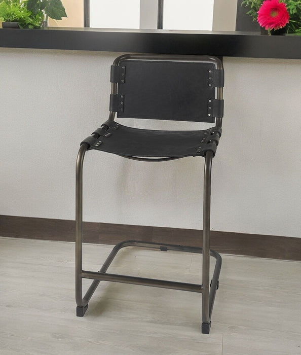 29" Leather And Iron Bar Chair - Black