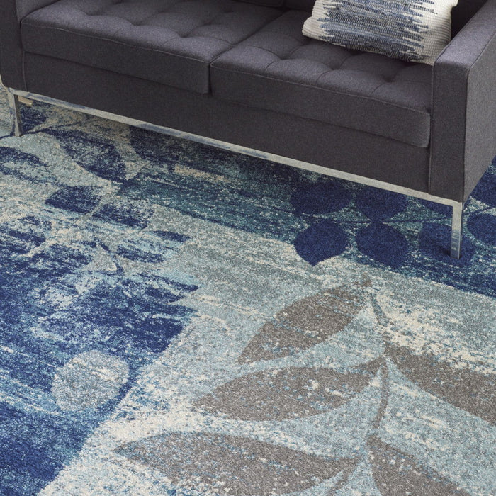 9' X 12' Boical Leaves Area Rug - Navy Blue And Ivory