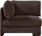 Velvet upholstered corner chair by Meridian Furniture, stationary accent chair with plush fabric and modern design.