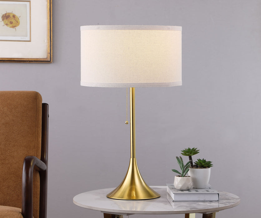 Gold Elmira 24-inch drum shade metal table lamp with modern design, featuring a sleek metal base and fabric drum shade.