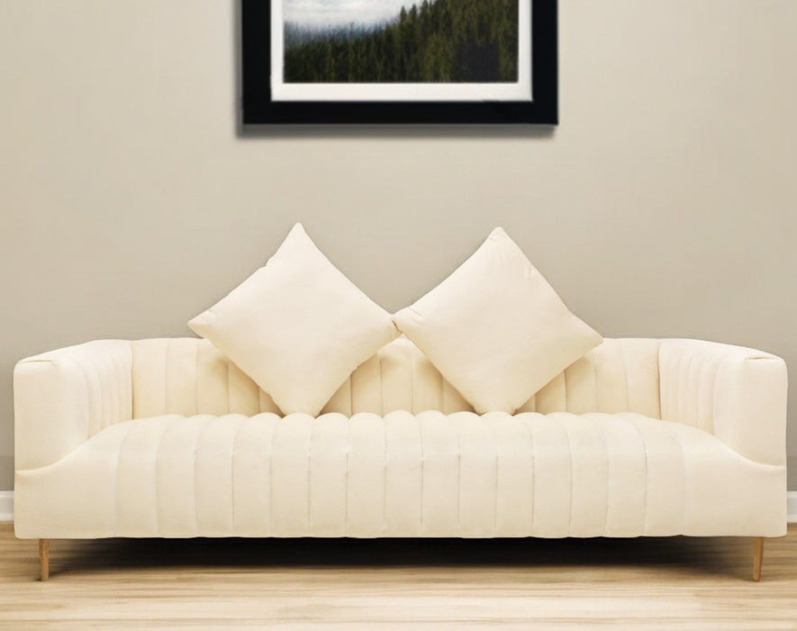 Velvet Sofa And Toss Pillows With Gold Legs - Ivory