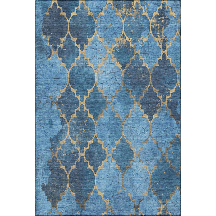 10' X 14' Damask Washable Area Rug With UV Protection (701281) - Blue / Gold
