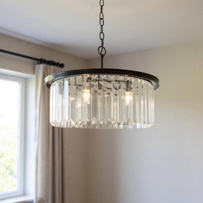 HomeRoots black six-light metal crystal glass chandelier with shades, featuring an elegant, modern design and decorative lighting elements.