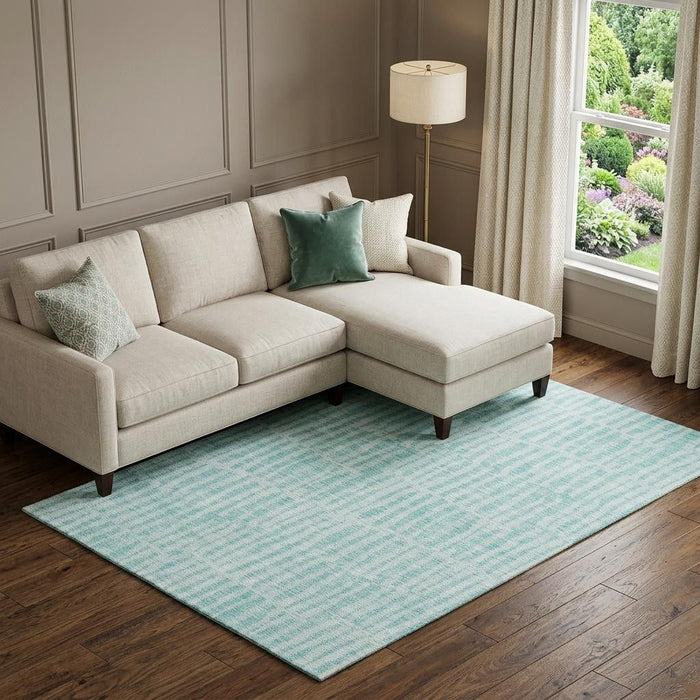 10' X 14' Striped Washable Area Rug With UV Protection (655698) - Teal / Ivory