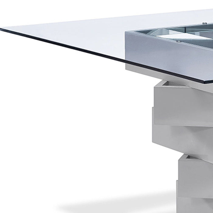 59" Square Glass And Solid Wood Pedestal Base Dining Table - Gray