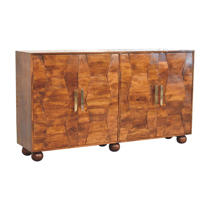 36" Solid Wood Carved Geometric Accent Cabinet With Four Doors - Chestnut