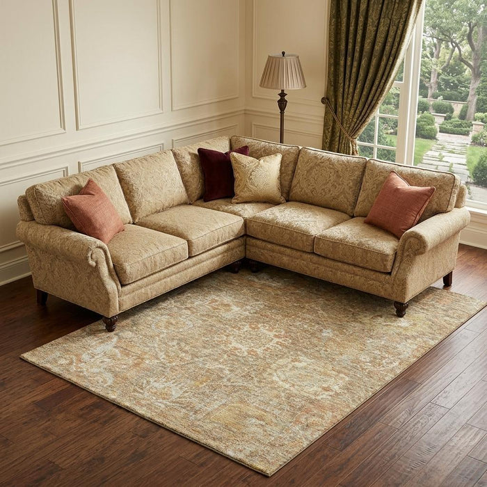 10' X 14' Damask Washable Area Rug With UV Protection (684298) - Khaki / Beige
