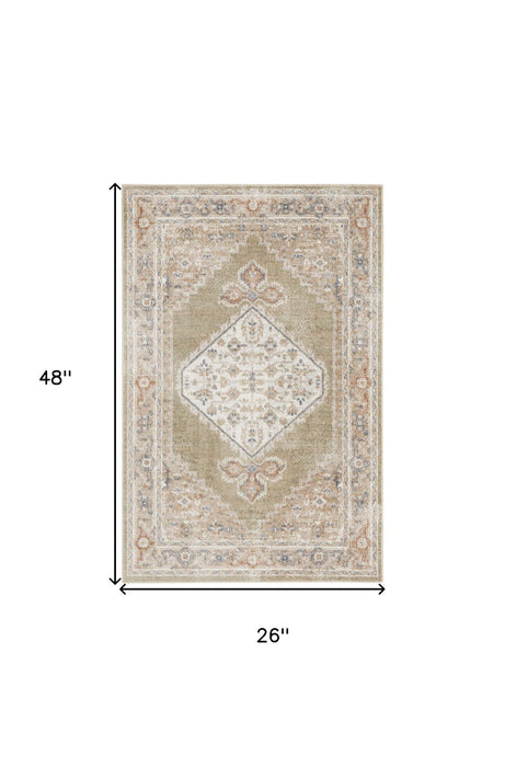 2' X 4' Floral Medallion Power Loom Distressed Washable Area Rug (546930) - Green / Ivory