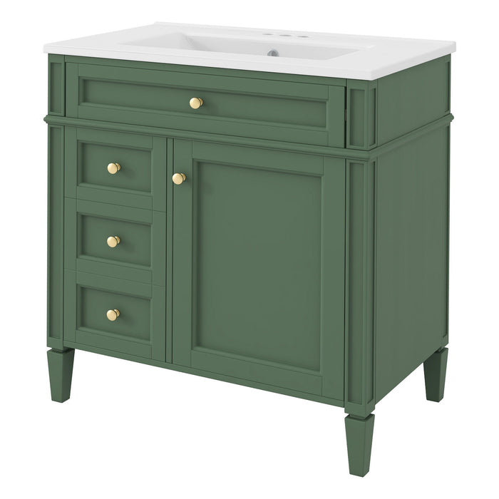 Giga bathroom vanity with top sink, storage cabinet, two drawers, and tip-out drawer in a modern design.