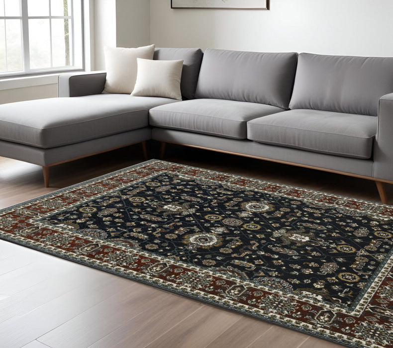 8' X 11' Oriental Area Rug With Fringe - Navy Blue And Rust