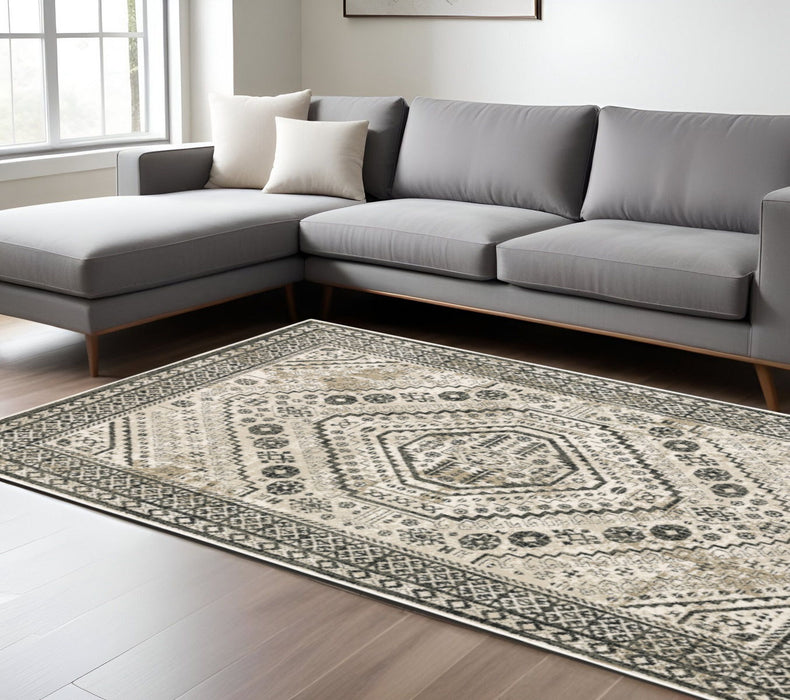 10' x 13' Oriental Power Loom Stain Resistant Area Rug - Ivory Gray Black And Ivory