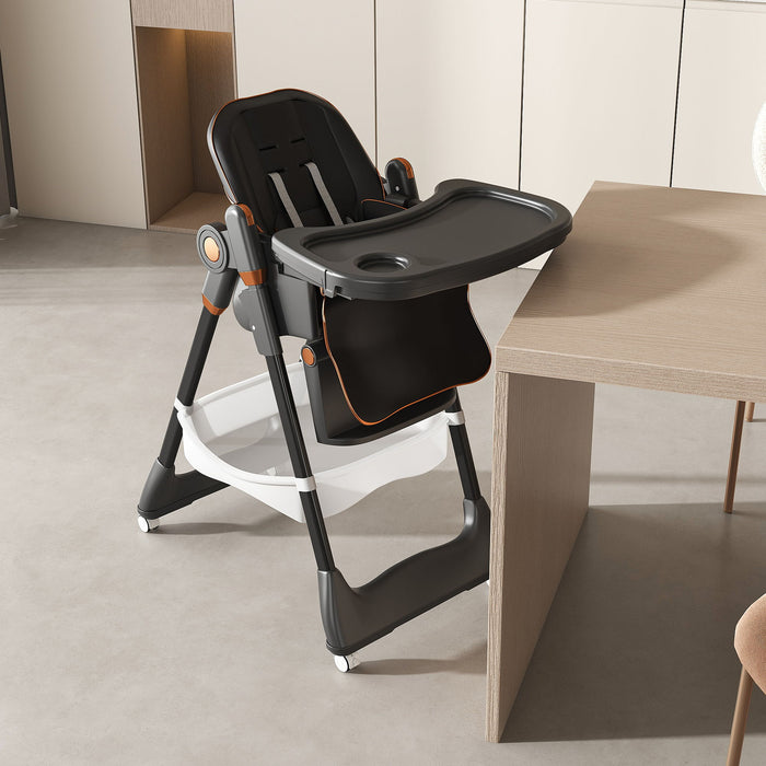 Giga adjustable baby high chair with safety belt, portable infant feeding seat, silent lockable wheels, suitable for 0-6 years.