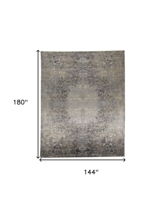 12' x 15' Oriental Power Loom Worn Faded Area Rug - Tan And Gray