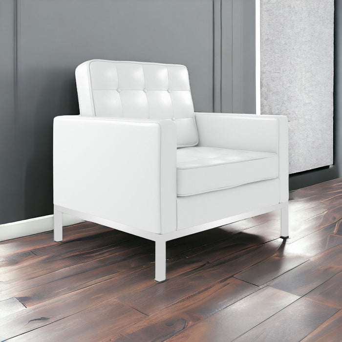 Italian Leather Tufted Arm Chair - White And Silver