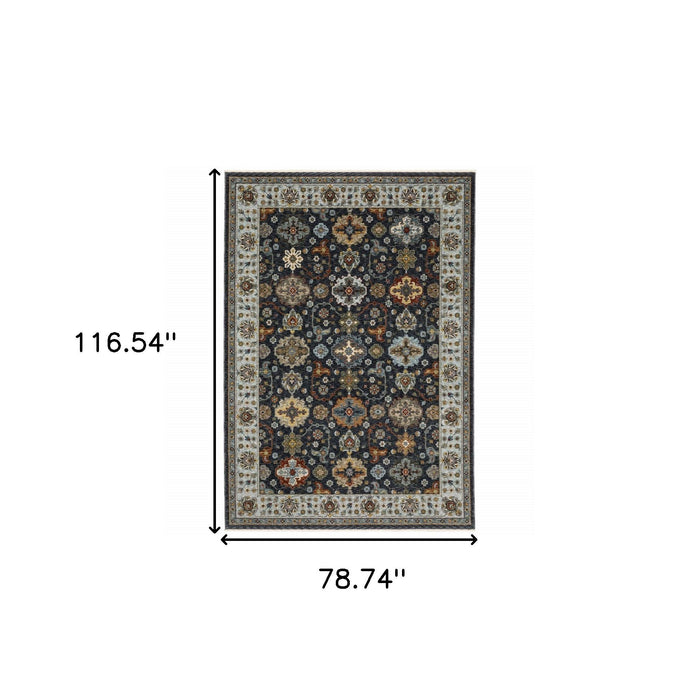 7' x 10' Oriental Power Loom Area Rug With Fringe - Blue And Beige
