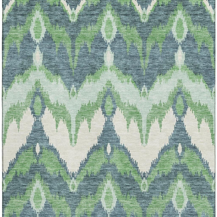 8' X 10' Ikat Washable Area Rug With UV Protection - Green And Ivory