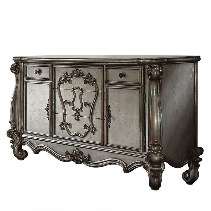70" Carved Scrollwork Wood And Polyresin Five Drawer Triple Dresser - Platinum
