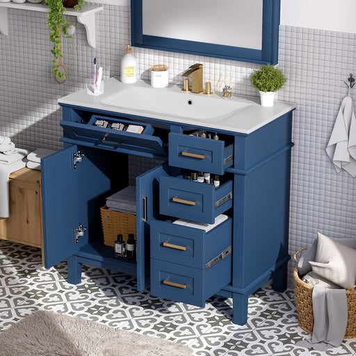 Giga blue bathroom vanity with ceramic sink, soft-close doors, and four storage drawers, ideal for modern bathroom decor.