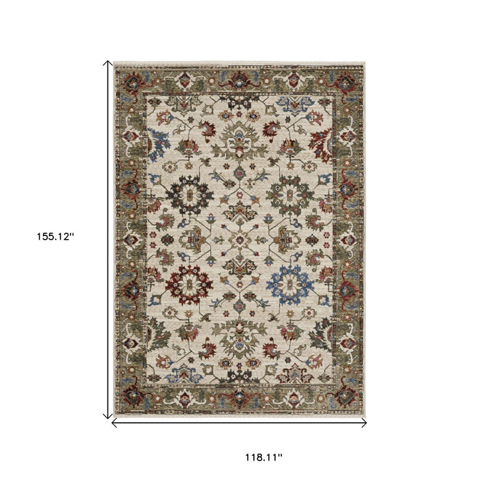 10' X 13' Oriental Area Rug With Fringe - Ivory And Green