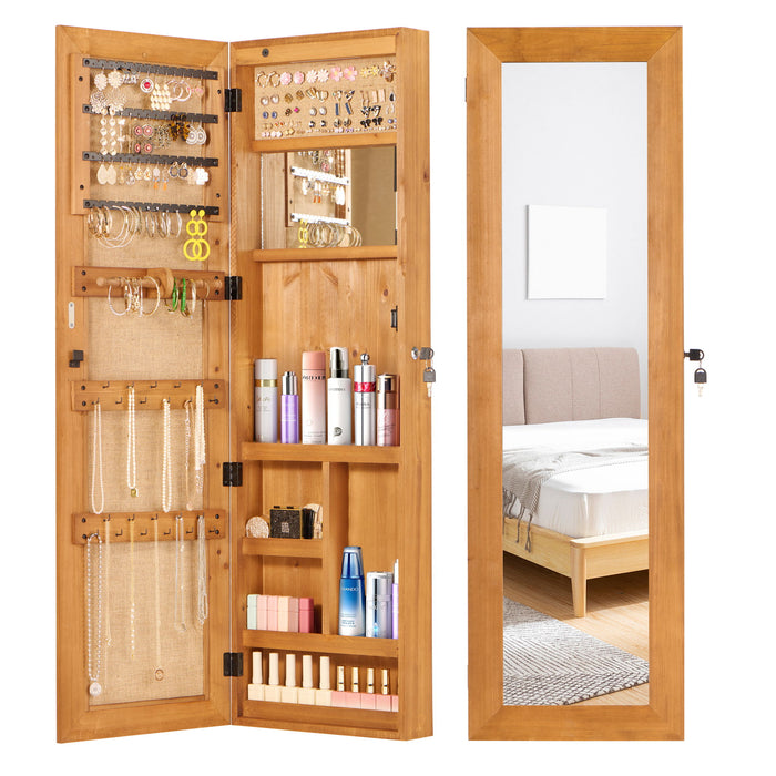 Giga jewelry armoire organizer with full-length mirror, wall-mounted lockable cabinet and LED lighting in a modern bedroom setting.