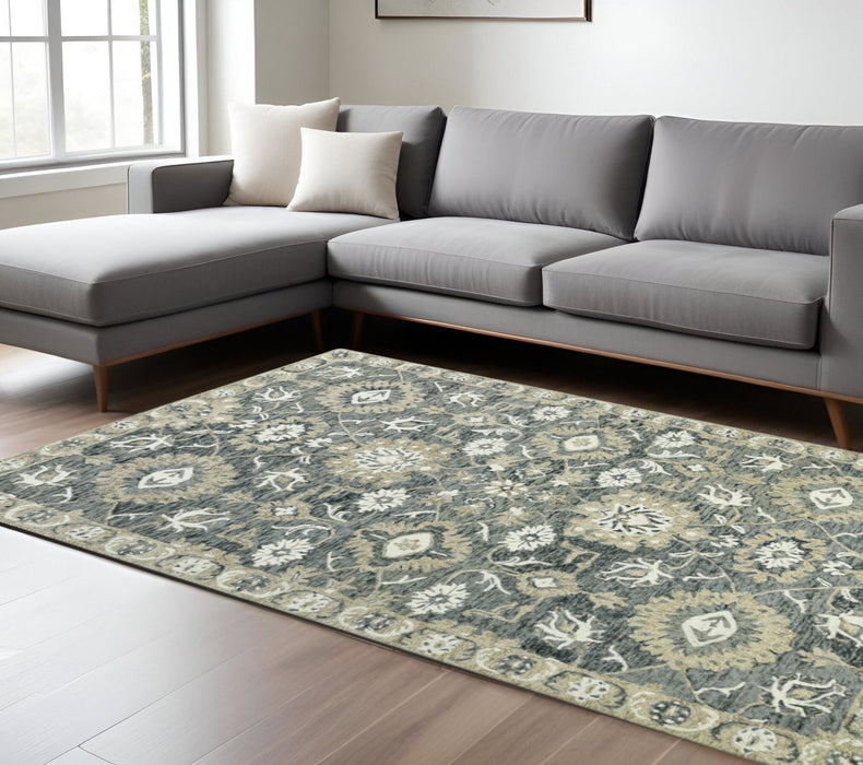 9' X 13' Wool Floral Medallion Hand Hooked Area Rug - Gray And Beige