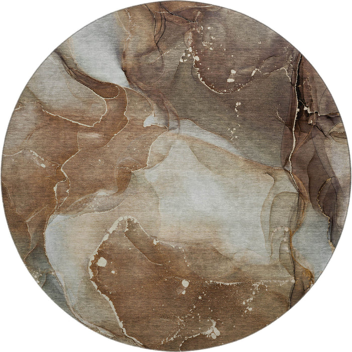 8' Abstract Washable Round Rug With UV Protection (647359) - Brown / Ivory / Gray