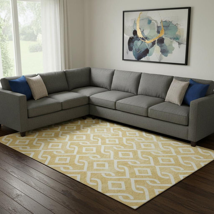 10' X 14' Geometric Washable Area Rug With UV Protection (652509) - Gold / Ivory