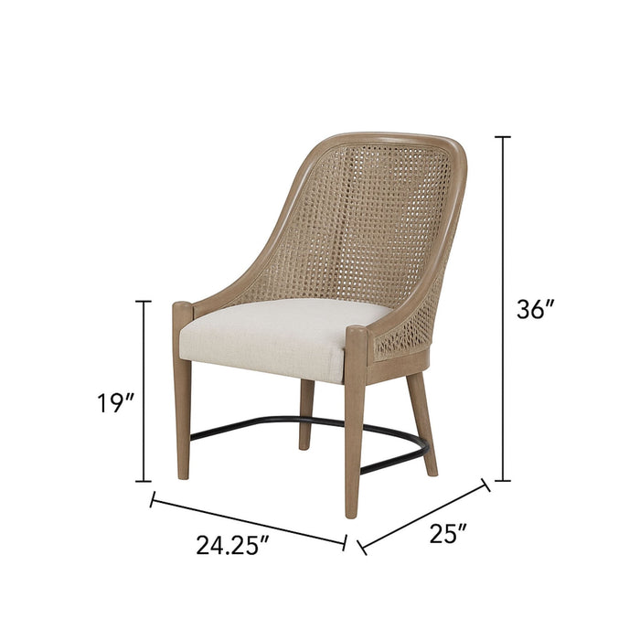 Set of two Bernards Furniture cane-backed host chairs in sand color with wooden legs and woven cane details.