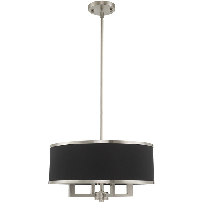 HomeRoots 18-inch four-light dimmable chandelier with shades in nickel and pearl silver finish, showcasing elegant design and soft lighting.