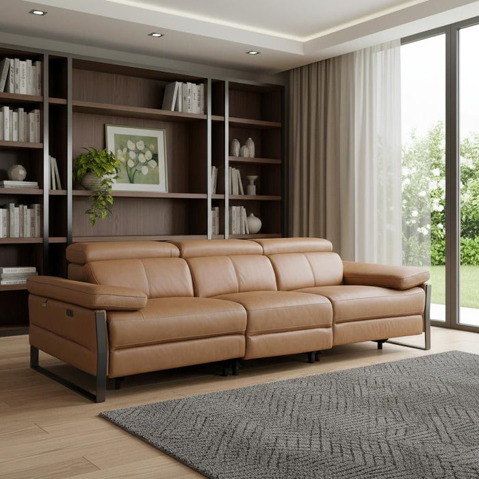 Top Grain Leather Reclining Metal USB Sofa (720330) - Chestnut