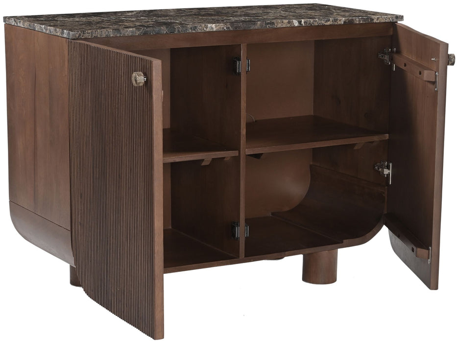 Mango wood sideboard by Meridian Furniture with sleek design and natural wood finish, featuring multiple storage compartments.